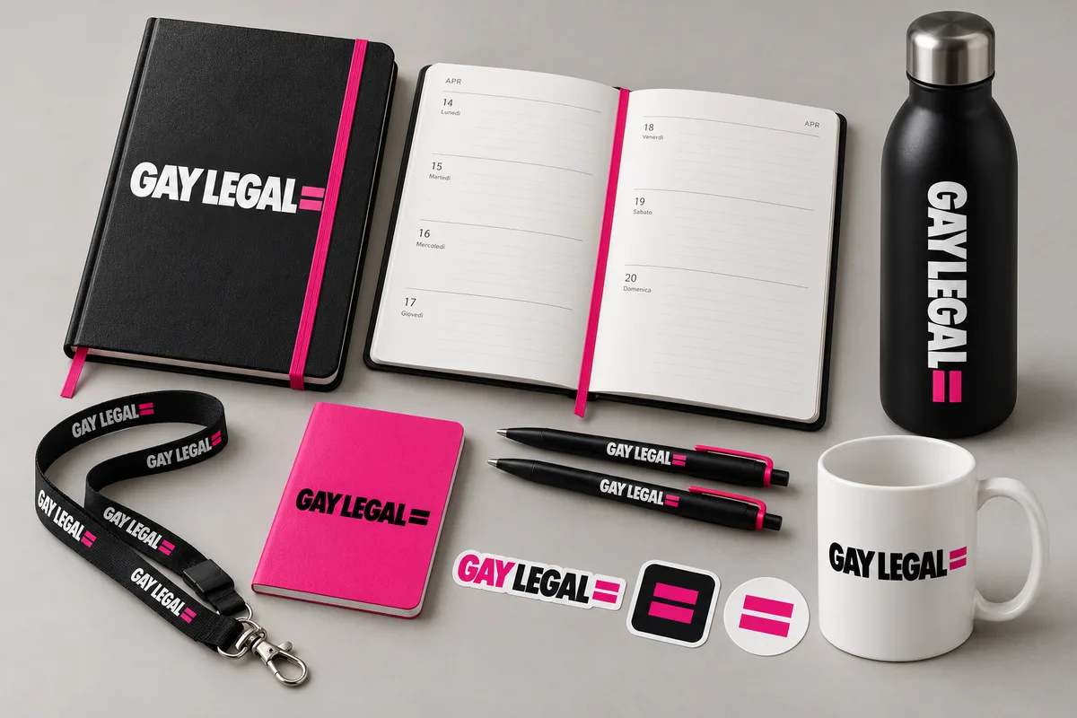 Agenda nera con elastico fucsia, penne, taccuino, borraccia, tazza e laccetto GAY LEGAL